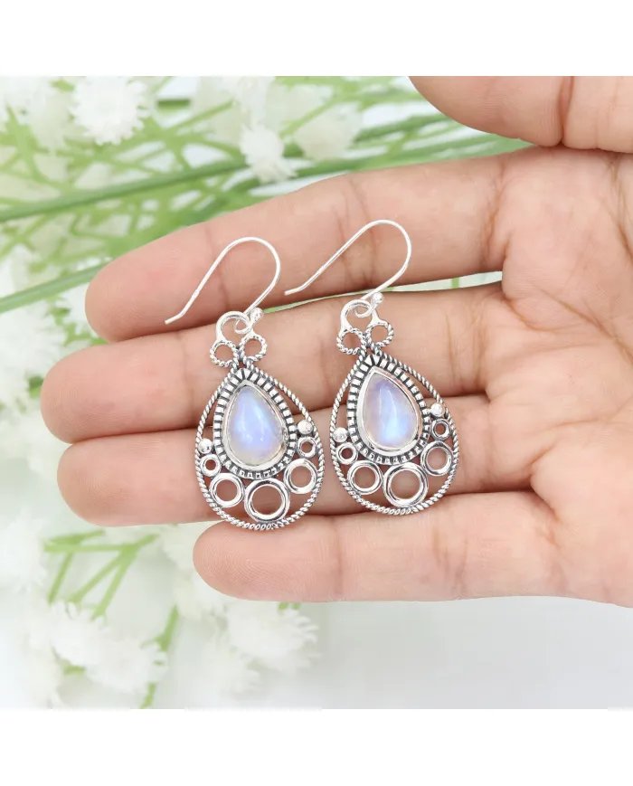 Dainty Rainbow Moonstone Earrings - 925 Sterling Silver Handmade Vintage