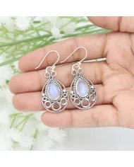 Dainty Rainbow Moonstone Earrings - 925 Sterling Silver Handmade Vintage