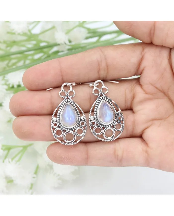Dainty Rainbow Moonstone Earrings - 925 Sterling Silver Handmade Vintage