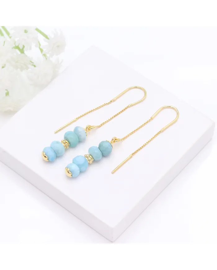 Natural Larimar Threader Earrings – Gold Plated 925 Silver Jewelry