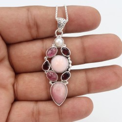 Pink Opal Pendant, Designer Silver Pendant, Garnet Necklace, Charm Pendant, Tourmaline Pendant, Pearl Pendant, Necklaces for Her