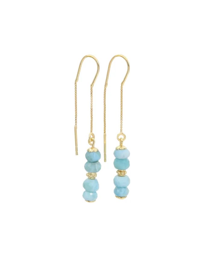 Natural Larimar Threader Earrings – Gold Plated 925 Silver Jewelry