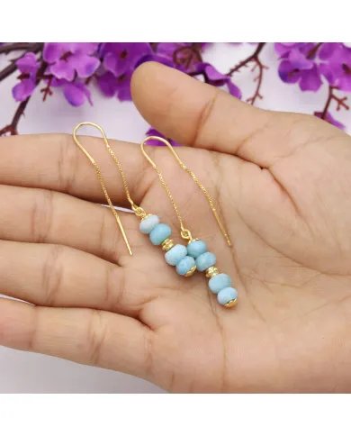 Natural Larimar Threader Earrings – Gold Plated 925 Silver Jewelry