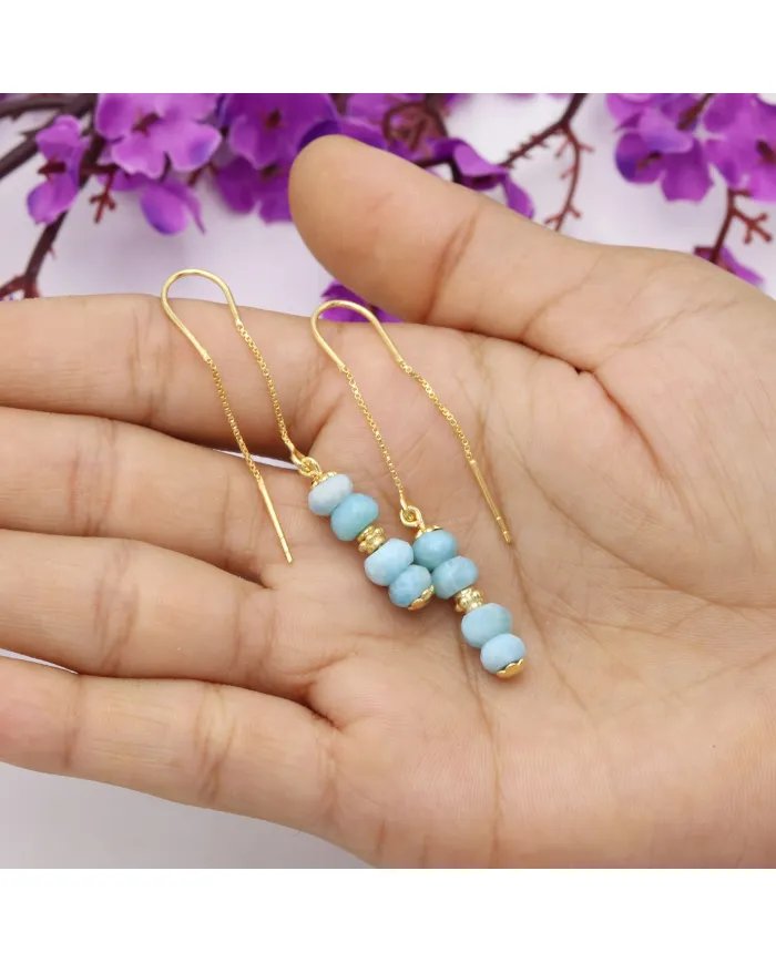 Natural Larimar Threader Earrings – Gold Plated 925 Silver Jewelry