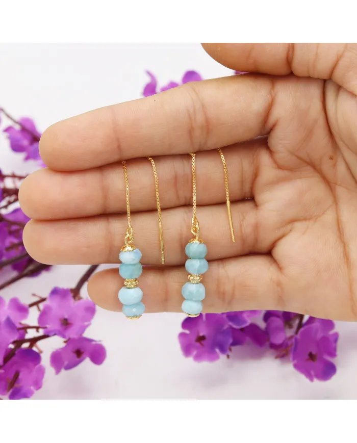 Natural Larimar Threader Earrings – Gold Plated 925 Silver Jewelry