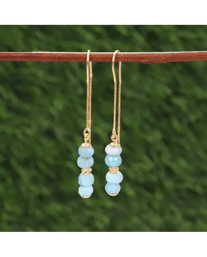 Natural Larimar Threader Earrings – Gold Plated 925 Silver Jewelry