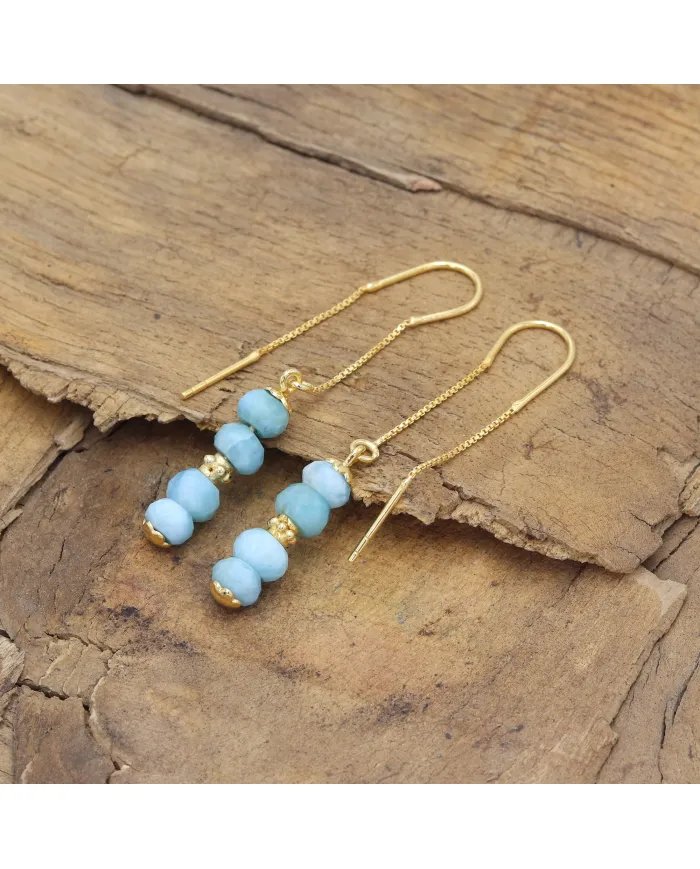 Natural Larimar Threader Earrings – Gold Plated 925 Silver Jewelry