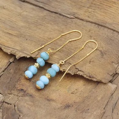 Natural Larimar Threader Earrings – Gold Plated 925 Silver Jewelry