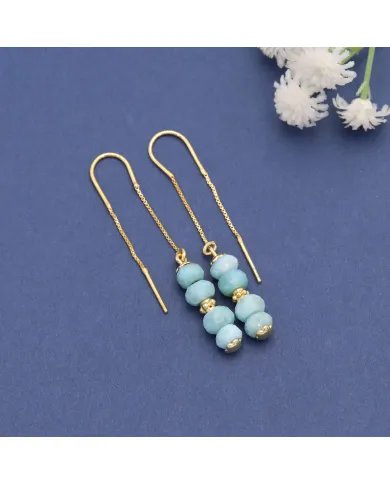 Natural Larimar Threader Earrings – Gold Plated 925 Silver Jewelry