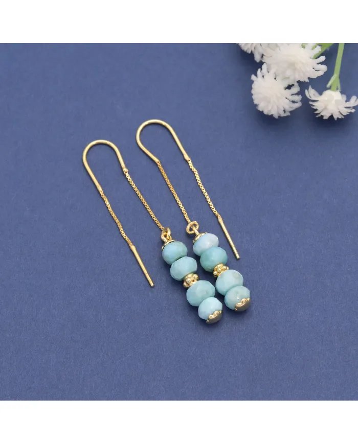 Natural Larimar Threader Earrings – Gold Plated 925 Silver Jewelry