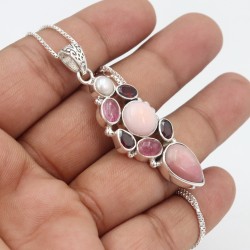 Pink Opal Pendant, Designer Silver Pendant, Garnet Necklace, Charm Pendant, Tourmaline Pendant, Pearl Pendant, Necklaces for Her