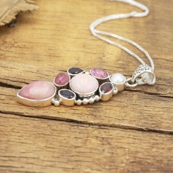 Pink Opal Pendant, Designer Silver Pendant, Garnet Necklace, Charm Pendant, Tourmaline Pendant, Pearl Pendant, Necklaces for Her