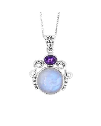 Rainbow Moonstone & Amethyst Pendant - 925 Sterling Silver Jewelry