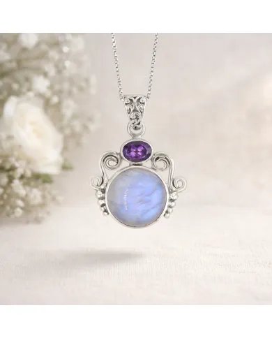 Rainbow Moonstone & Amethyst Pendant - 925 Sterling Silver Jewelry