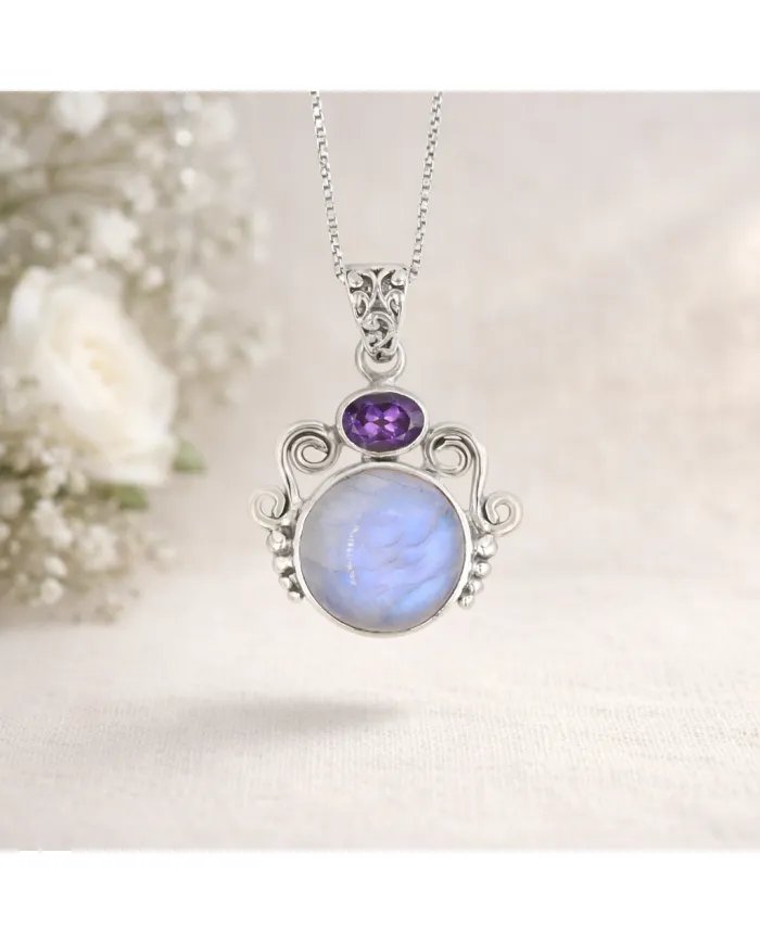Rainbow Moonstone & Amethyst Pendant - 925 Sterling Silver Jewelry