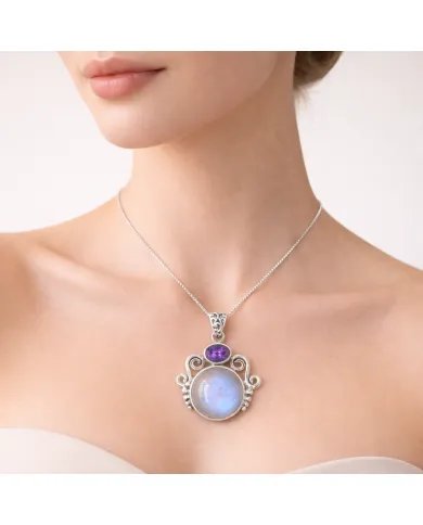 Rainbow Moonstone & Amethyst Pendant - 925 Sterling Silver Jewelry