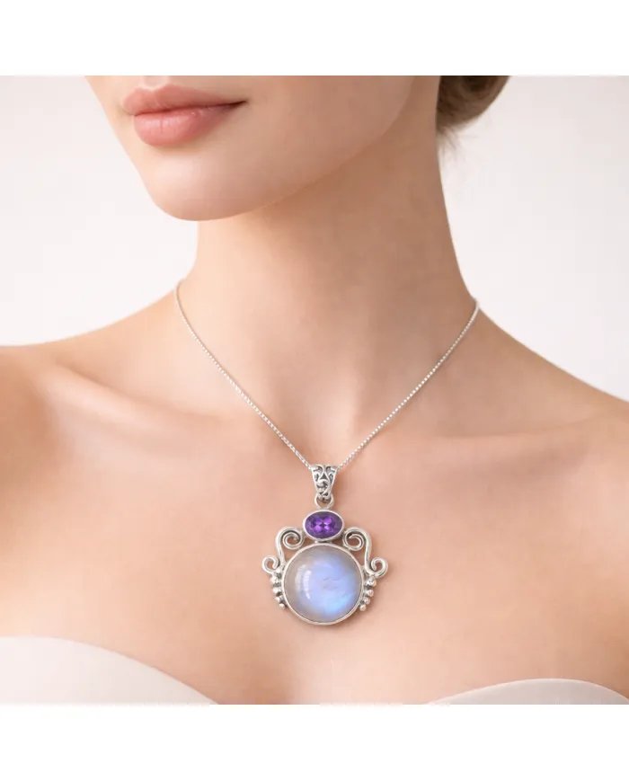 Rainbow Moonstone & Amethyst Pendant - 925 Sterling Silver Jewelry