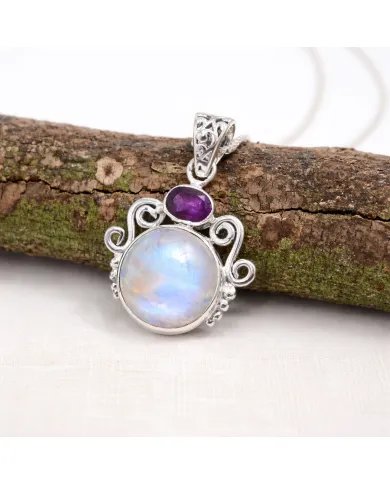 Rainbow Moonstone & Amethyst Pendant - 925 Sterling Silver Jewelry