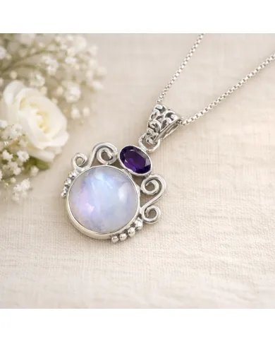 Rainbow Moonstone & Amethyst Pendant - 925 Sterling Silver Jewelry