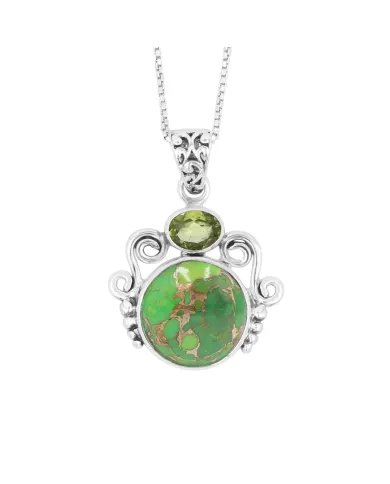 Green Copper Turquoise & Peridot Pendant - 925 Sterling Silver Jewelry