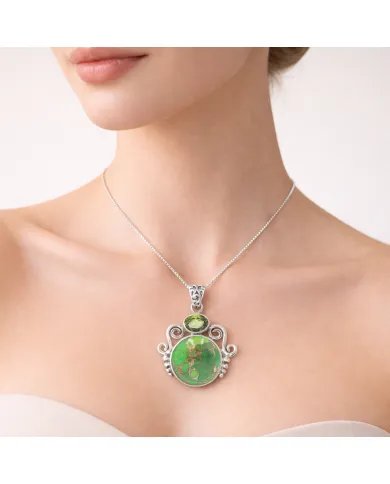 Green Copper Turquoise & Peridot Pendant - 925 Sterling Silver Jewelry