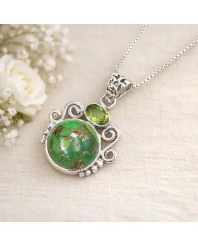 Green Copper Turquoise & Peridot Pendant - 925 Sterling Silver Jewelry