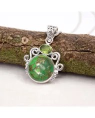 Green Copper Turquoise & Peridot Pendant - 925 Sterling Silver Jewelry