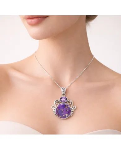 Purple Copper Turquoise & Amethyst Pendant - 925 Sterling Silver Jewelry