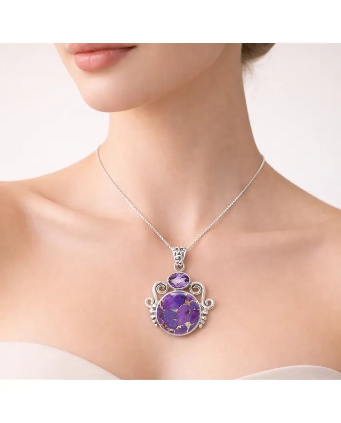 Purple Copper Turquoise & Amethyst Pendant - 925 Sterling Silver Jewelry