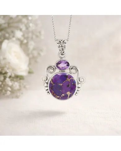 Purple Copper Turquoise & Amethyst Pendant - 925 Sterling Silver Jewelry