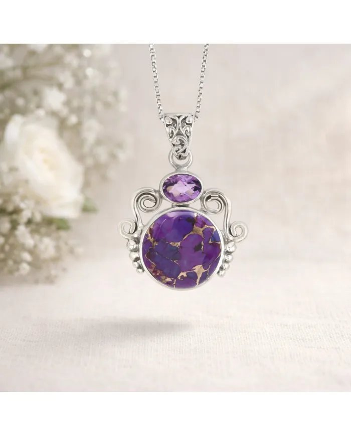 Purple Copper Turquoise & Amethyst Pendant - 925 Sterling Silver Jewelry