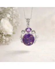 Purple Copper Turquoise & Amethyst Pendant - 925 Sterling Silver Jewelry
