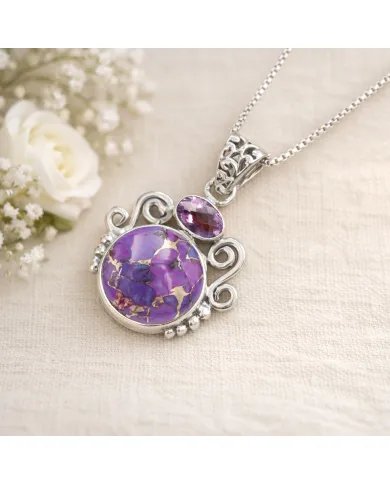 Purple Copper Turquoise & Amethyst Pendant - 925 Sterling Silver Jewelry