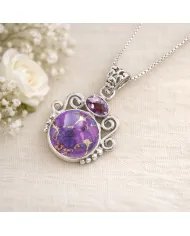 Purple Copper Turquoise & Amethyst Pendant - 925 Sterling Silver Jewelry