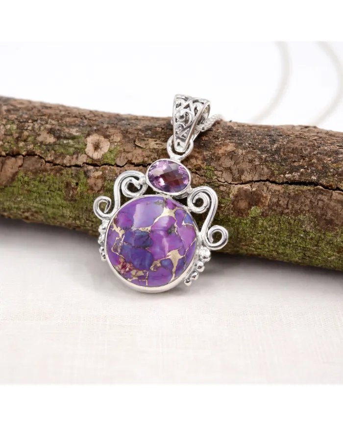 Purple Copper Turquoise & Amethyst Pendant - 925 Sterling Silver Jewelry