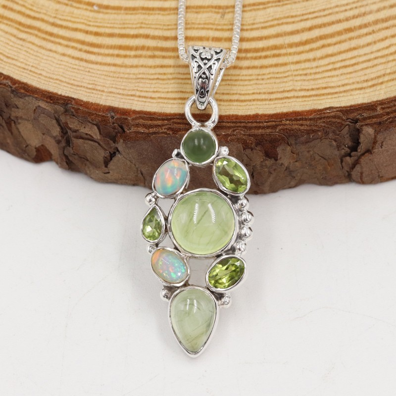 Ethiopian Opal Pendant, Silver Necklace, Prehnite Pendant, Idocrase Pendant, Statement Pendant, Peridot Pendant, Women's Pendant