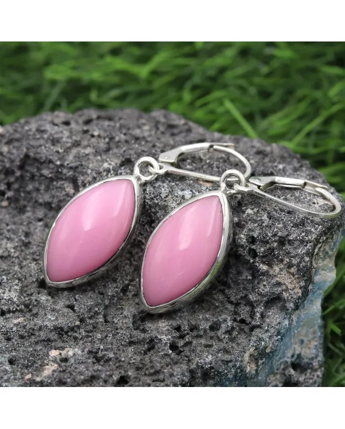 Pink Opal Earrings - 925 Sterling Silver Handmade Marquise Shape