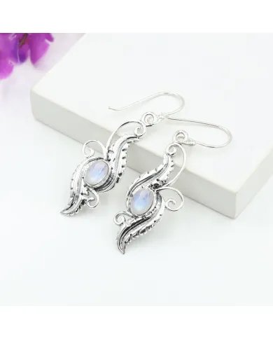 Victorian Filigree Rainbow Moonstone Earrings - 925 Sterling Silver