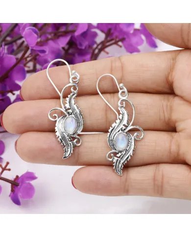 Victorian Filigree Rainbow Moonstone Earrings - 925 Sterling Silver