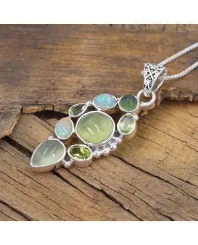Ethiopian Opal Pendant - Sterling Silver Prehnite Idocrase & Peridot Women's Pendant Handmade Jewelry