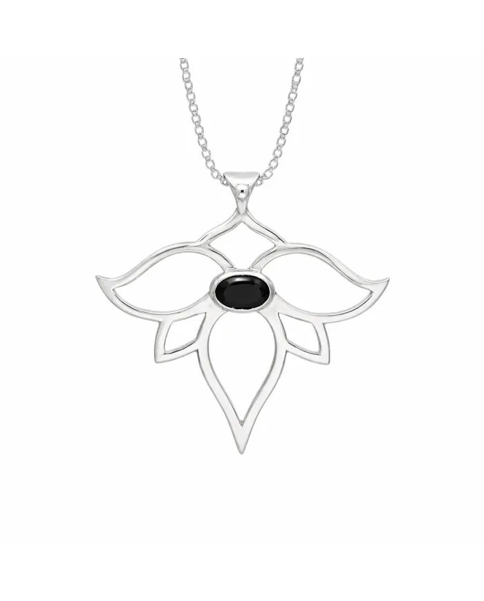 Black Onyx Lotus Pendant - 925 Sterling Silver Handmade Open Petals Design