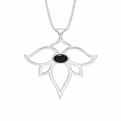 Black Onyx Lotus Pendant - 925 Sterling Silver Handmade Open Petals Design