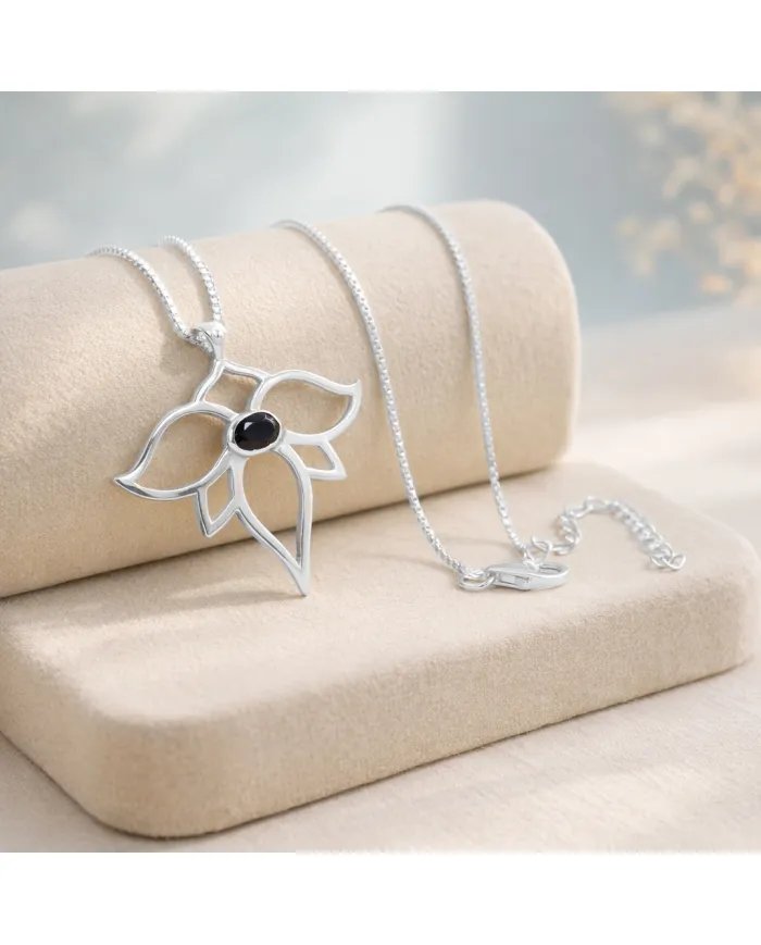 Black Onyx Lotus Pendant - 925 Sterling Silver Handmade Open Petals Design