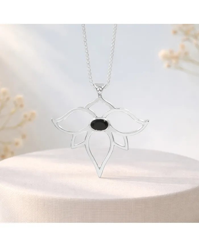 Black Onyx Lotus Pendant - 925 Sterling Silver Handmade Open Petals Design