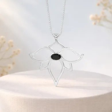 Black Onyx Lotus Pendant - 925 Sterling Silver Handmade Open Petals Design