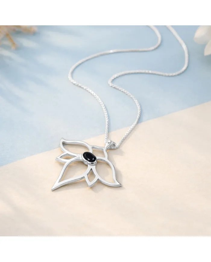 Black Onyx Lotus Pendant - 925 Sterling Silver Handmade Open Petals Design
