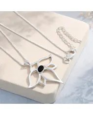 Black Onyx Lotus Pendant - 925 Sterling Silver Handmade Open Petals Design