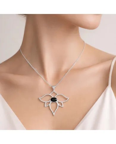 Black Onyx Lotus Pendant - 925 Sterling Silver Handmade Open Petals Design