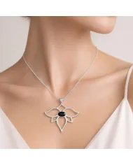 Black Onyx Lotus Pendant - 925 Sterling Silver Handmade Open Petals Design