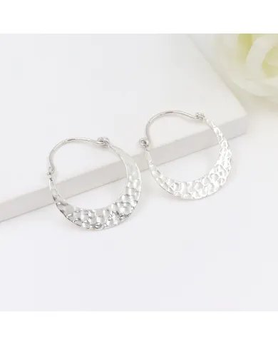 Handmade Hammered Half Moon Hoop Earrings - 925 Sterling Silver Jewelry